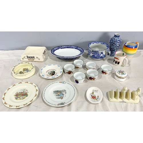 230 - TRAY OF MIXED COLLECTABLE CERAMICS INC ROYAL DOULTON BUUNYKINS, GRAYS POTTERY JUG , ROYAL WORCESTER