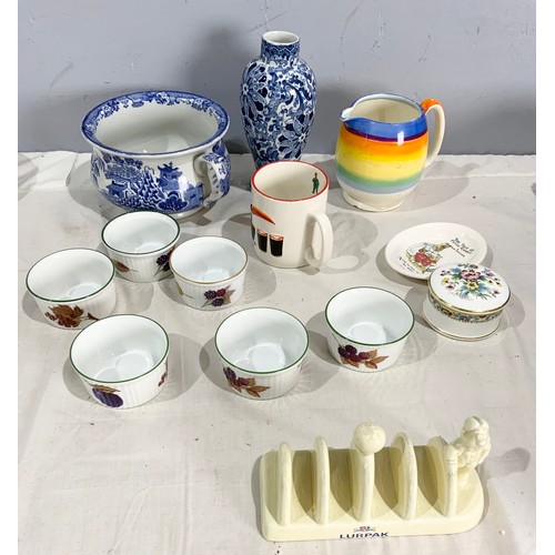 230 - TRAY OF MIXED COLLECTABLE CERAMICS INC ROYAL DOULTON BUUNYKINS, GRAYS POTTERY JUG , ROYAL WORCESTER