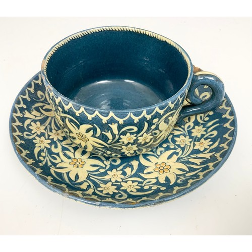 244 - POTTERY CUPS & SAUCERS WITH FLORAL DECORATION AND A COLOURFUL GLASS BOWL