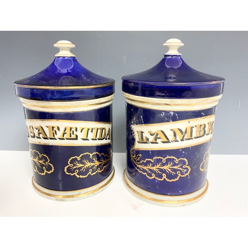 270 - 4 LARGE DRUG / CHEMIST JARS  WITH COVERS COLBALT BLUE WITH GILT  DECORATION 30cm TALL ADVISED FROM M... 