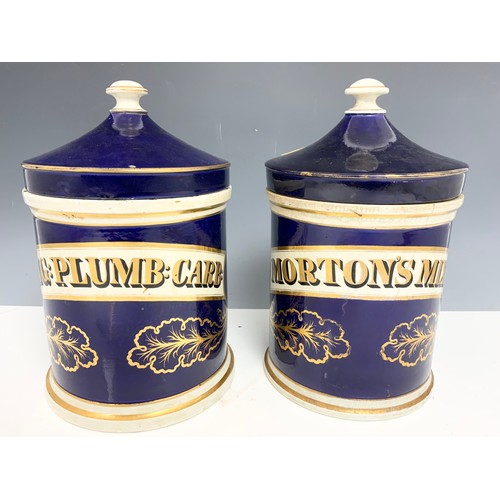 270 - 4 LARGE DRUG / CHEMIST JARS  WITH COVERS COLBALT BLUE WITH GILT  DECORATION 30cm TALL ADVISED FROM M... 