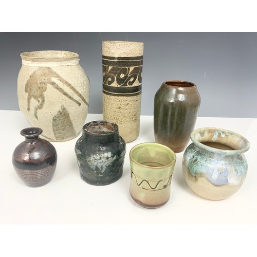 306 - INTRESTING COLLECTION OF POTTERY VASES INC ONE SIGNED MILLIKEN TALLEST 22cm