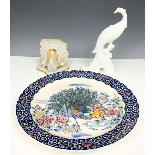 300 - CHINESE CHARGER WITH PEACOCK DECORATION & 2 PORCELAIN PEACOCK MODELS