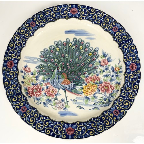 300 - CHINESE CHARGER WITH PEACOCK DECORATION & 2 PORCELAIN PEACOCK MODELS