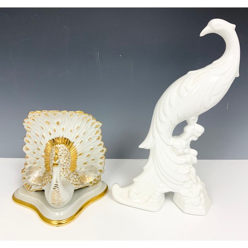 300 - CHINESE CHARGER WITH PEACOCK DECORATION & 2 PORCELAIN PEACOCK MODELS