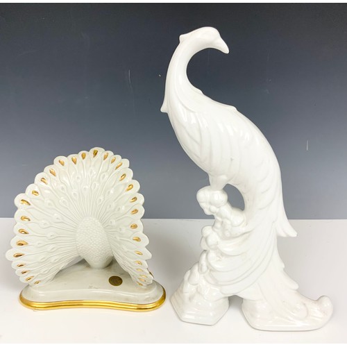 300 - CHINESE CHARGER WITH PEACOCK DECORATION & 2 PORCELAIN PEACOCK MODELS