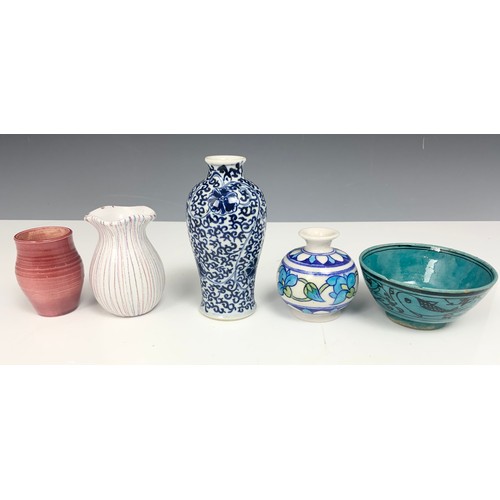 303 - ORIENTAL BLUE & WHITE VASE WITH 4 CHARACTER MARK  WITH OTHER INTRESTING VASES ETC