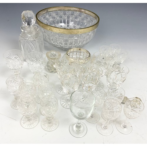 318 - CUT GLASS LARGE BOWL, FINGER BOWLS , DECANTER,  DRINKING GLASSES  1 TRAY