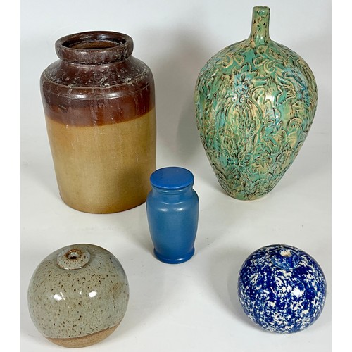 311 - RELIEF GLAZED BALUSTER VASE, 2 SMALL GLAZED BALUSTER STUDIO SPICE JARS, BLUE SCREW TOP JAR AND LARGE... 