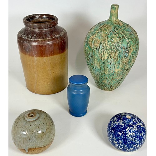 311 - RELIEF GLAZED BALUSTER VASE, 2 SMALL GLAZED BALUSTER STUDIO SPICE JARS, BLUE SCREW TOP JAR AND LARGE... 