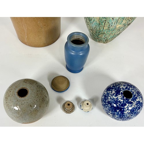 311 - RELIEF GLAZED BALUSTER VASE, 2 SMALL GLAZED BALUSTER STUDIO SPICE JARS, BLUE SCREW TOP JAR AND LARGE... 