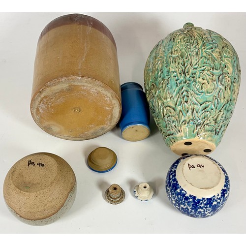 311 - RELIEF GLAZED BALUSTER VASE, 2 SMALL GLAZED BALUSTER STUDIO SPICE JARS, BLUE SCREW TOP JAR AND LARGE... 