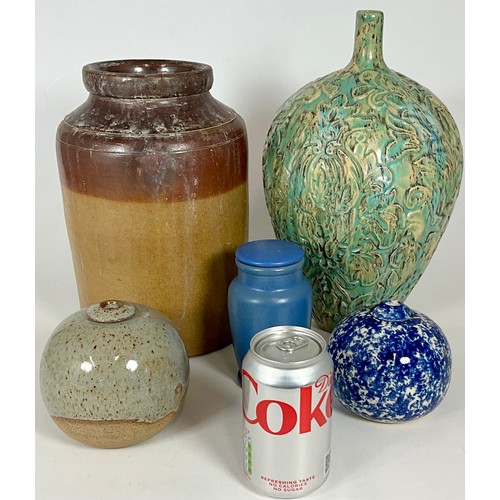 311 - RELIEF GLAZED BALUSTER VASE, 2 SMALL GLAZED BALUSTER STUDIO SPICE JARS, BLUE SCREW TOP JAR AND LARGE... 