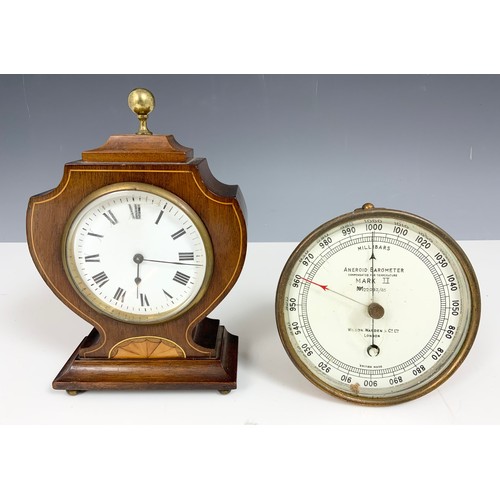 350 - INLAID MAHOGANY MANTLE CLOCK & A WILSON WARDEN ANEROID BAROMETER IN BRASS CASE