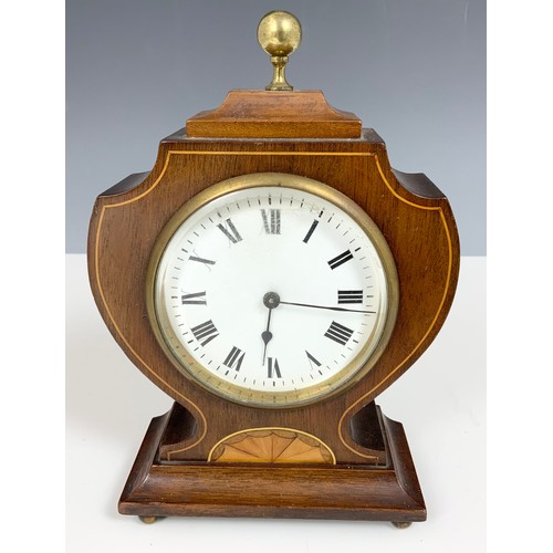 350 - INLAID MAHOGANY MANTLE CLOCK & A WILSON WARDEN ANEROID BAROMETER IN BRASS CASE