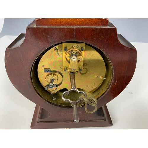 350 - INLAID MAHOGANY MANTLE CLOCK & A WILSON WARDEN ANEROID BAROMETER IN BRASS CASE