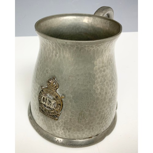 382 - PEWTER TANKARD WITHLONDON ARMOURED CAR COMPANY BAGE  SILVER PLATED PHEASANTS, MUSTARD POT,  HUNTING ... 