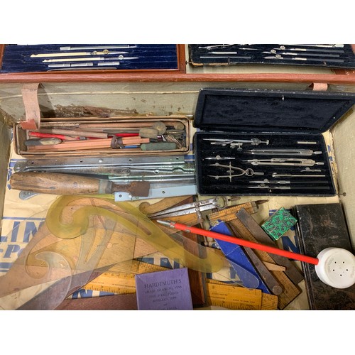 38 - VINTAGE SUITCASE CONTAINING QUANTITY OF TECHNICAL DRAWING INSTRUMENTS TOGETHER WITH T SQUARES, FOLDI... 