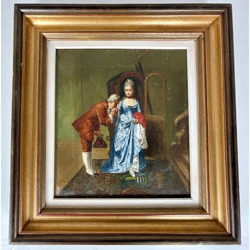 31 - FRAMED OIL ON CANVAS DEPICTING AN 18TH CENTURY COURT SCENE. SIGNATURE POSSIBLY A. CASTELLA. 25 x 28 ... 