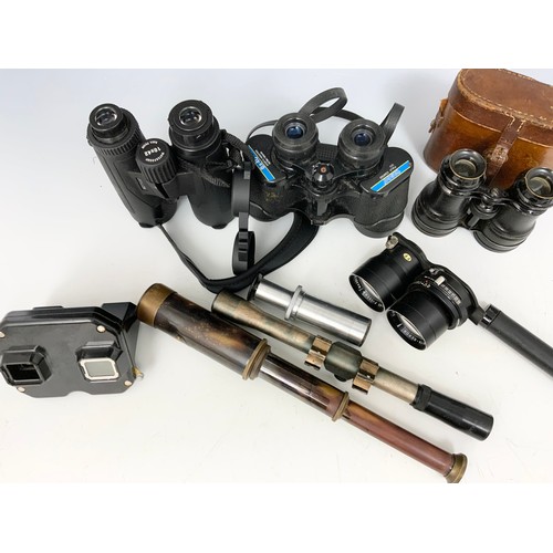 395 - BINOCULARS INCLUDING AVALON , TASCO , A  HENRY BARROW & CO TELESCOPE ETC 1 TRAY