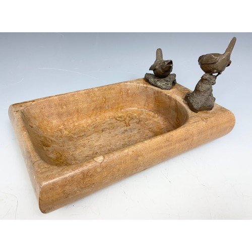 402 - TREEN NUT DISH MOUNTED WITH WREN STUDIES AND A CARVED OAK PANEL