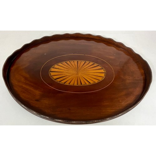 405 - EDWARDIAN OVAL INLAID MARQUETRY MAHOGANY BUTLERS TRAY