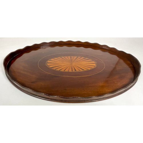 405 - EDWARDIAN OVAL INLAID MARQUETRY MAHOGANY BUTLERS TRAY