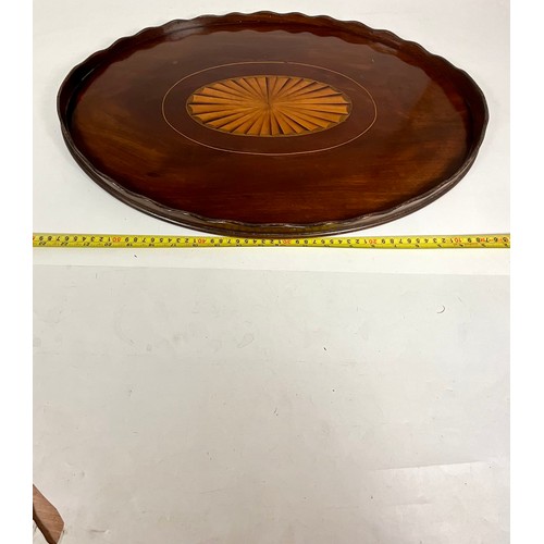 405 - EDWARDIAN OVAL INLAID MARQUETRY MAHOGANY BUTLERS TRAY