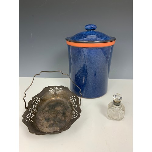 431 - SUFFOLK TABLEWARE LARGE STORAGE JAR A PERFUME BOTTLE WITH SILVER COLLAR & A PIERCED EPNS  BASKET