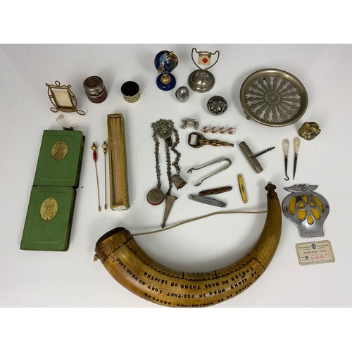 432 - INTRESTING CURIO’S INC AA BADGE , BRANDED COW HORN, TRAVELLING INKWELL, FAN ETC