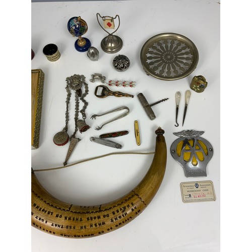 432 - INTRESTING CURIO’S INC AA BADGE , BRANDED COW HORN, TRAVELLING INKWELL, FAN ETC