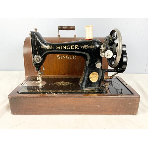 448 - CASED VINTAGE  HAND CRANK SINGER SEWING MACHINE