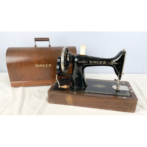 448 - CASED VINTAGE  HAND CRANK SINGER SEWING MACHINE