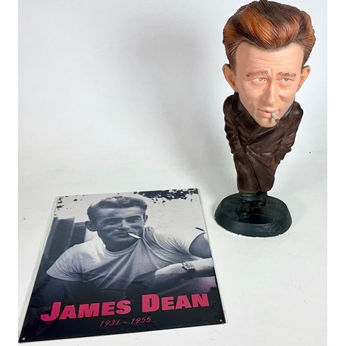 455 - LEGENDS CHARACTURE STATUE OF JAMES DEAN, APPROX. 42CM TALL, PLUS METAL POSTER SIGN OF JAMES DEAN, AP... 