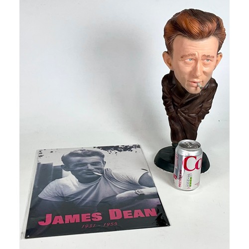 455 - LEGENDS CHARACTURE STATUE OF JAMES DEAN, APPROX. 42CM TALL, PLUS METAL POSTER SIGN OF JAMES DEAN, AP... 