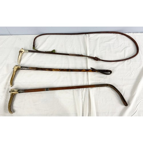 462 - 2 SWAINE & ADENEY HUNTING  CROPS  WITH  ANTLER HANDLES & SILVER MOUNTS WITH A HUNTING WHIP WITH ANTL... 