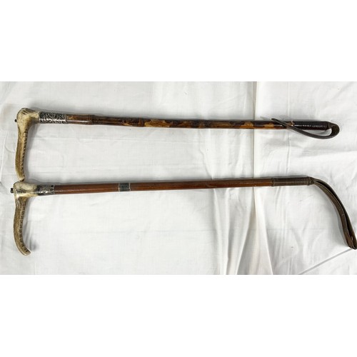 462 - 2 SWAINE & ADENEY HUNTING  CROPS  WITH  ANTLER HANDLES & SILVER MOUNTS WITH A HUNTING WHIP WITH ANTL... 