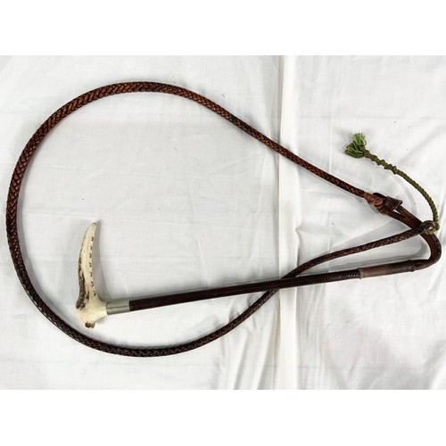 462 - 2 SWAINE & ADENEY HUNTING  CROPS  WITH  ANTLER HANDLES & SILVER MOUNTS WITH A HUNTING WHIP WITH ANTL... 