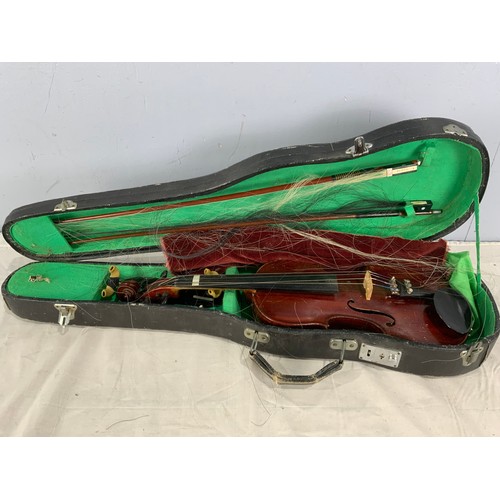 496 - CASED VIOLIN WITH 2 BOWS ONE MARKED P & H LONDON