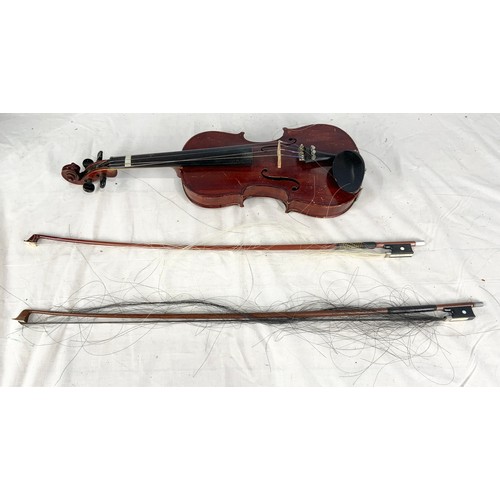 496 - CASED VIOLIN WITH 2 BOWS ONE MARKED P & H LONDON