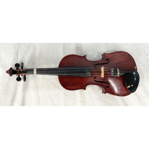 496 - CASED VIOLIN WITH 2 BOWS ONE MARKED P & H LONDON