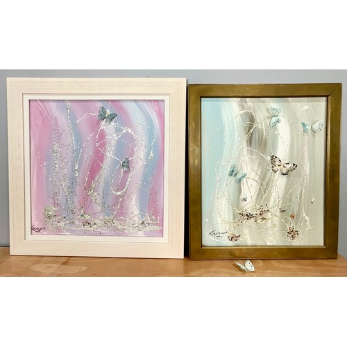 27 - 2 TED STOURTON MIXED MEDIAS A/F PINK BUTTERFLY 59 x 60 cm AND BLUE BUTTERFLY 54 x 65 cm (Stourton is... 