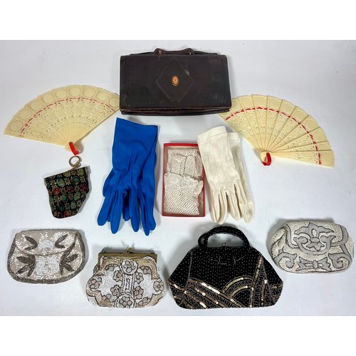 427 - ANTIQUE LEATHER CLUTCH BAG, 4 BEADED EVENING BAGS, FANS AND LADIES GLOVES