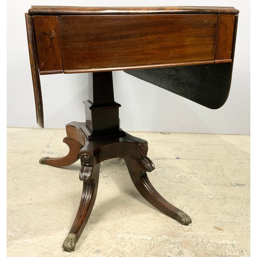 749 - PEDESTAL DROPLEAF CENTRE TABLE ON QUADRAPARTITE PLATFORM BASE WITH 4 LEGS HAVING BRASS PAW CAPS