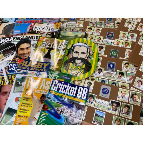 97 - CRICKET INTEREST VARIOUS MAGAZINES, BROCHURES, MERV HUGHES  FACE, STICKER CARDS, PLUS OLYMPIC BOOKS,... 