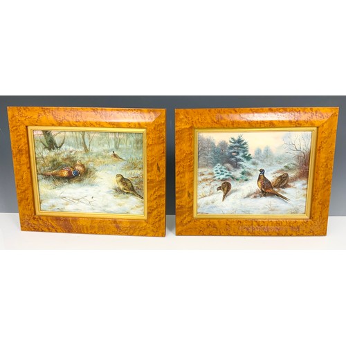 18 - PAIR OF SMALL MAPLE FRAMED OILS DEPICTING PHEASANTS IN WINTER SCENES