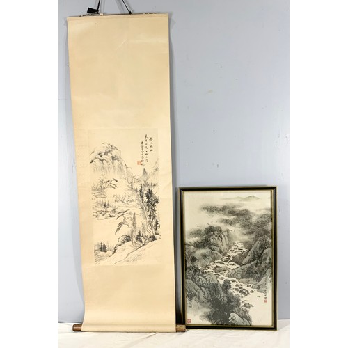 52 - ORIENTAL SCROLL AND ORIENTAL WATER COLOUR