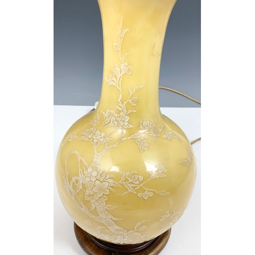 358 - ORIENTAL YELLOW GROUND TABLE LAMP ON HARDWOOD STAND 41cm TALL