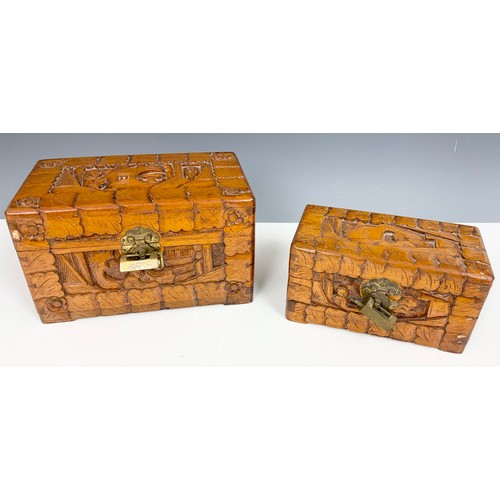 411 - TWO CARVED HARD ORIENTAL HARDWOOD BOXES TOGETHER WITH LACQUERED JEWELLERY BOX & A HARDWOOD BOX WITH ... 