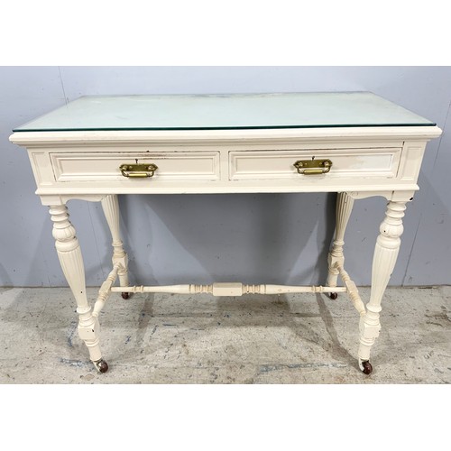 769 - PAINTED HALL TABLE, 92 CM WITH TWO DRAWS & CASTORS